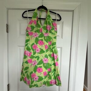 Floral Halter Neck Dress - Green and Pink